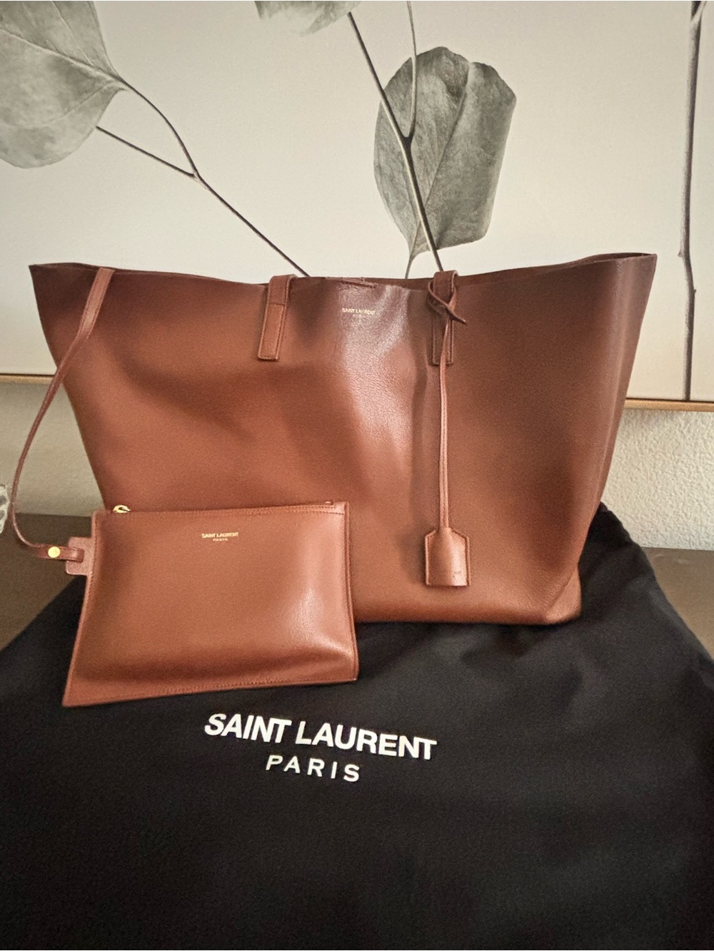Saint Laurent Brown Leather
East/West Shopping Tote Bag with Pouch & Dust Bag
